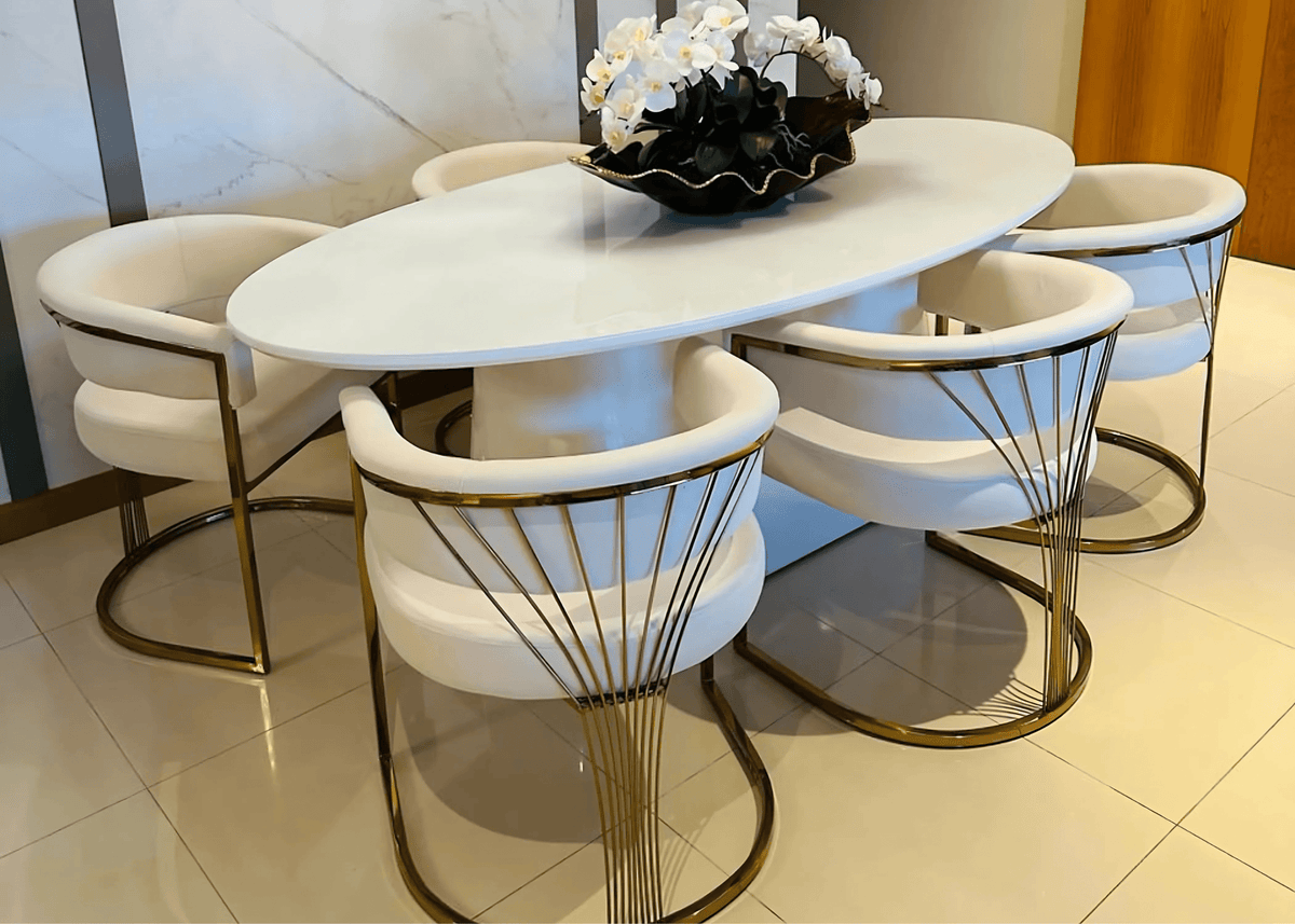Conjunto de Jantar Mesa Favo e 6 Cadeiras Estaiada