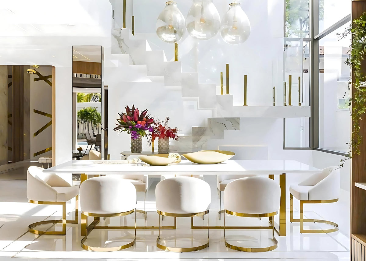 Conjunto de Jantar Mesa Eldorado e 8 Poltronas Sofya em Aço Inox Dourado Gold